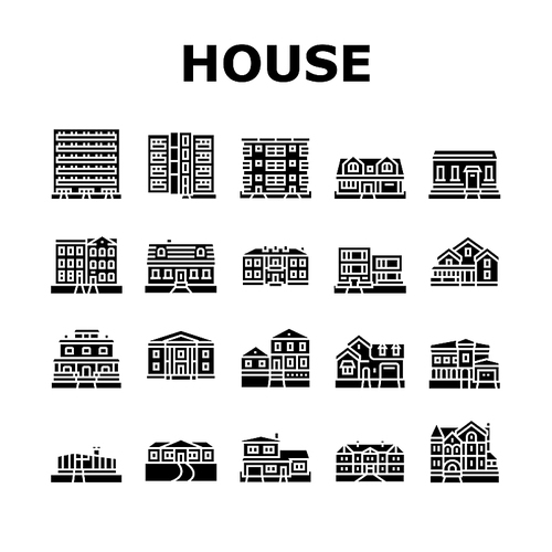 House Architectural Exterior Icons Set Vector. Cape Cod And Condo, Greek Revival And Victorian House, Apartment And Craftsman Building, Ranch And Farmhouse Glyph Pictograms Black Illustrations