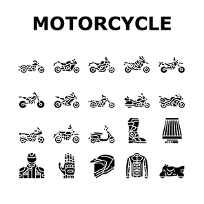Motorcycle Bike Transport Types Icons Set Vector. Dirtbike And Cruiser, Dual Sport Enduros And Chopper, Sportbike And Electric Motorcycle Line. Rider Jacket Helmet Glyph Pictograms Black Illustrations