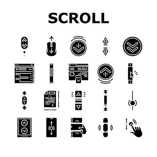 Scroll Computer Mouse Cursor Icons Set Vector. Mobile And Web Page Scroll, Page Navigation And Screen, Button Click And Gesture Hand Line. Scrolling And Clicking Glyph Pictograms Black Illustrations