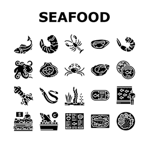 Seafood Cooked Food Dish Menu Icons Set Vector. Shrimp And Shellfish, Oyster And Fish, Crab And Scallops Delicious Seafood . Caviar And Octopus, Lobster And Squid Glyph Pictograms Black Illustrations