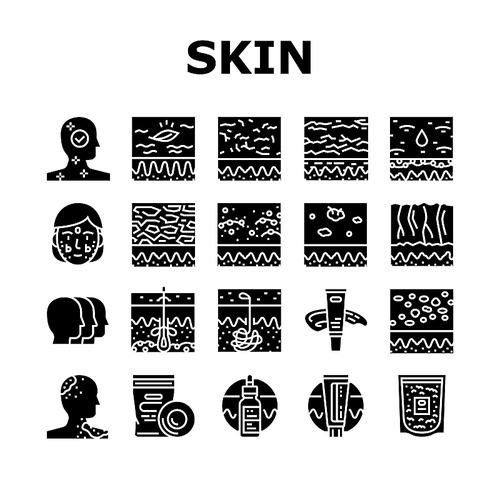 Skin Care Cosmetology And Treat Icons Set Vector. Allergy And Normal Skin Moisturizing With Cream And Patch Cosmetic Accessories Line. Colloidal Oatmeal And Sebum Glyph Pictograms Black Illustrations