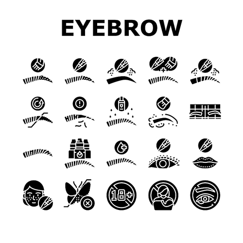 Eyebrow Tattoo Beauty Procedure Icons Set Vector. Eyebrow Tattoo And Correction, Nano And Ombre Brows. Prepare For Treatment Eyeliner, Cosmetology Salon Service Glyph Pictograms Black Illustrations