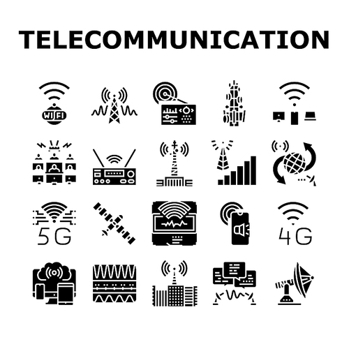 Telecommunication Technology Icons Set Vector. Telecommunication Tower And Antenna, Analog Transmitter And Connection Devices, Internet Network For Broadcasting Glyph Pictograms Black Illustrations