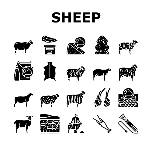 Sheep Breeding Farm Business Icons Set Vector. Sheep Breeding And Food Producing From Farmland Animal, Lamb Meat And Milk . Lanolin Wool Wax And Electric Devices Glyph Pictograms Black Illustrations