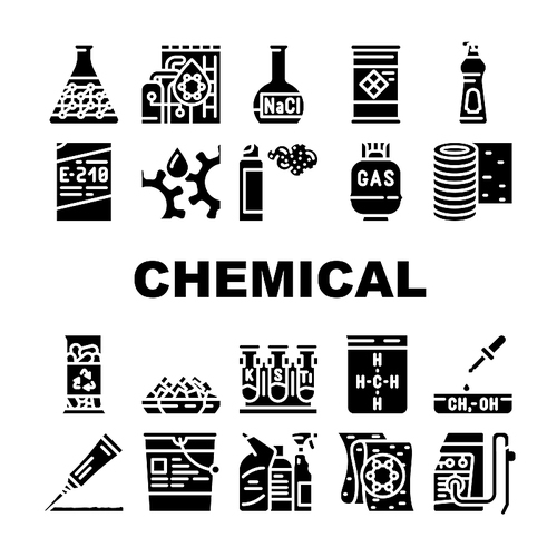 Chemical Industry Production Icons Set Vector. Specialty Chemical Liquid In Barrel And Industrial Oil, Rubber Roll Organic Solvent, Gas Cylinder Laboratory Glass Glyph Pictograms Black Illustrations