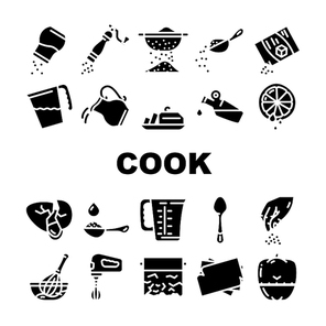 Cook Instruction For Prepare Food Icons Set Vector. Pepper And Salt, Milk And Sugar Add, Adding Olive Oil And Water In Dish, Lemon Juice And Spice Cook Instruction Glyph Pictograms Black Illustrations