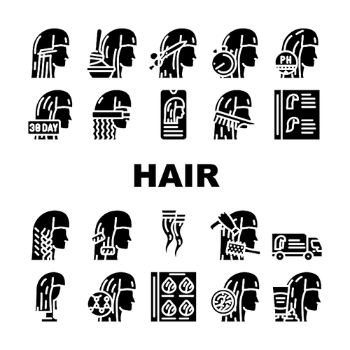 Hair Salon Hairstyle Service Icons Set Vector. Hair Painting And Cutting, Straightening Braiding, Balancing Ph Of Scalp Departure Of Specialist. Thermo Wrap Curler Glyph Pictograms Black Illustrations