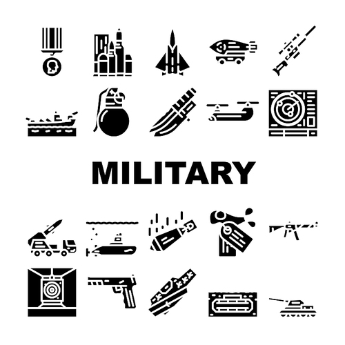 Military Weapon And Transport Icons Set Vector. Military Nuclear Bomb And Missile Rocket, Mine And Bullet, Radar Technology And Knife, Tank And Fighter Airplane Glyph Pictograms Black Illustrations