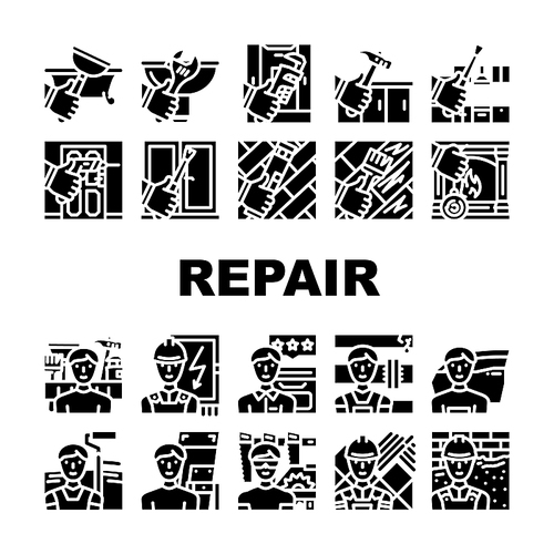 Repair And Maintenance Service Icons Set Vector. Shower Tray And Sink Repair, Kitchen Worktop And Unit, Fireplace And Wood Floor Scratch . Repairman Repairing Glyph Pictograms Black Illustrations