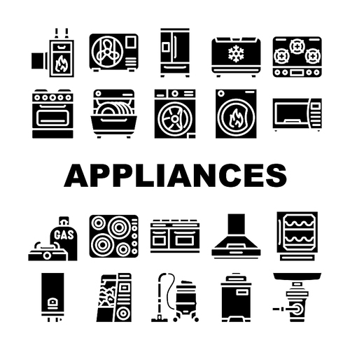 Appliances Domestic Technology Icons Set Vector. Refrigerator And Freezer Kitchen Appliance, Oven And Stove, Washer And Dryer Electronic Household Equipment Glyph Pictograms Black Illustrations