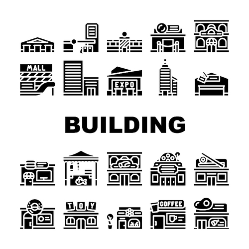 Building Construction Exterior Icons Set Vector. Shopping And Commercial Center Skyscraper, Seafood And Sushi Restaurant, Cinema And Night Club Building Glyph Pictograms Black Illustrations