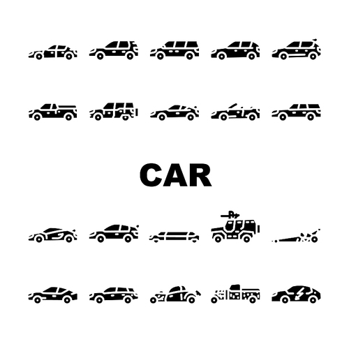 Car Transport Different Body Type Icons Set Vector. Hatchback And Sedan, Mpv Minivan And Cuv Crossover, Limousine And Sportscar, Grand Tourer And Suv Vehicle Car Glyph Pictograms Black Illustrations