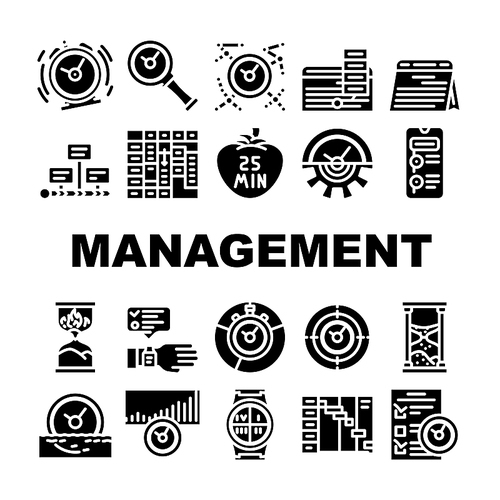 Time Management And Planning Icons Set Vector. Timeline And Check List For Time Management And Plan, Stop Watch Calendar Accessory. Project Deadline Managing Tasks Glyph Pictograms Black Illustrations