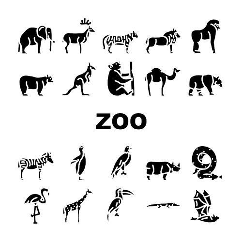 Zoo Animals, Birds And Snake Icons Set Vector. Tiger And Elephant, Bear And Panda, Zebra And Kangaroo, Toucan And Eagle, Crocodile And Giraffe Zoo Animals Glyph Pictograms Black Illustrations