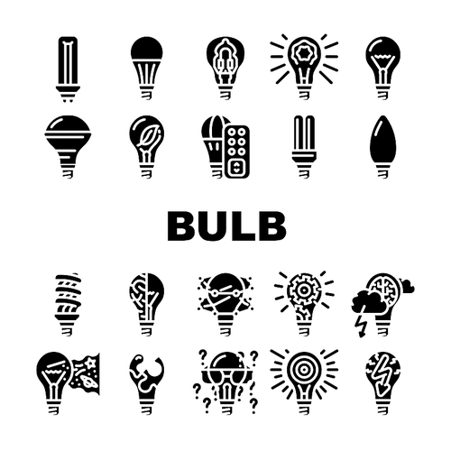 Bulb Lighting Electric Accessory Icons Set Vector. Fluorescent And Halogen Light Bulb, Led And Energy Save Electricity Equipment . Electrical Innovation Technology Glyph Pictograms Black Illustrations