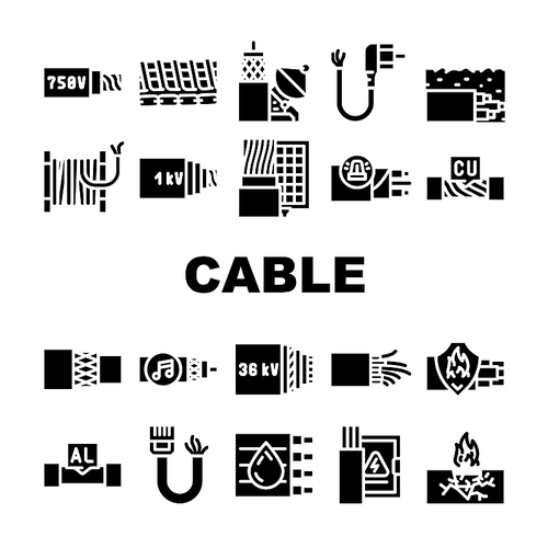 Cable Wire Electrical System Icons Set Vector. Optic And Internet Cable Wire, Fire Resistance And Audio, Aluminum And Copper. Low, Medium And High Voltage Cord Glyph Pictograms Black Illustrations