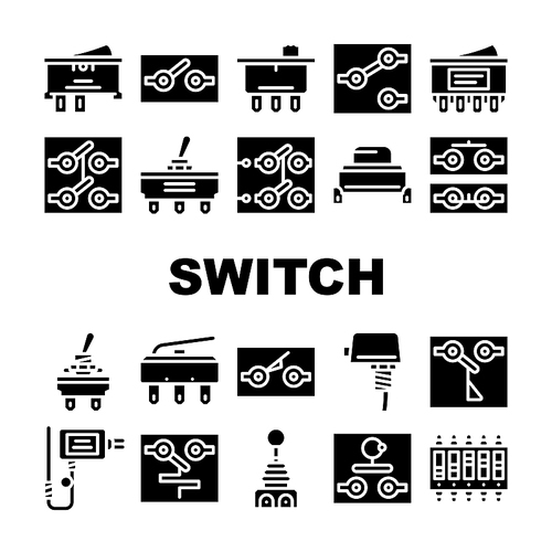 Switch Electricity Accessory Icons Set Vector. Double Pole Single Throw Switch And Electronic Mechanism. Joystick And Temperature Measuring Electrical Device Glyph Pictograms Black Illustrations