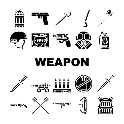 Weapon Military Army Equipment Icons Set Vector. Bow And Arrow For Aiming, Revolver Handgun, Rifle And Gun Weapon, Bullet Helmet. Knife Sword, Grenade And Dynamite Glyph Pictograms Black Illustrations