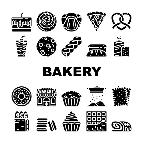 Bakery Delicious Dessert Food Icons Set Vector. Bakery Pretzel And Cake Pie With Cherry And Cream, Creamy Muffin And Donut, Pastry Bun And Bread Toast Glyph Pictograms Black Illustrations