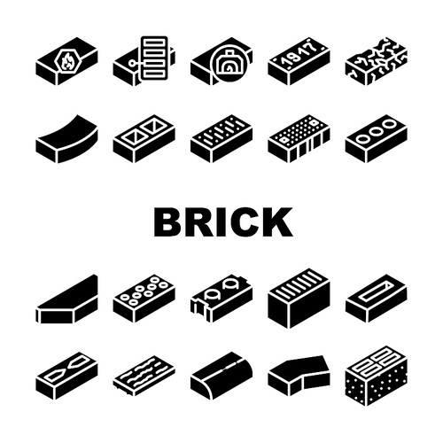 Brick For Building Construction Icons Set Vector. Refractory And Defective Brick, Handmade Facing Of Building Exterior, Old Damaged. Cement And Silicate Material Glyph Pictograms Black Illustrations