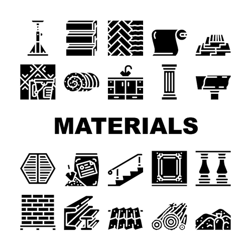 Building Materials And Supplies Icons Set Vector. Brick And Sand, Lumber And Plywood, Flooring And Roof Building Materials Line. Kitchen Bath Cabinets Furniture Glyph Pictograms Black Illustrations