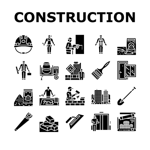 Construction Building And Repair Icons Set Vector. Ladder And Elevator Equipment, Brick And Cement For Build Construction. Engineer Project Blueprint And Tool Glyph Pictograms Black Illustrations