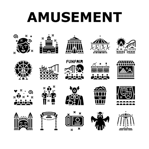 Amusement Park Entertainment Icons Set Vector. Amusement Park Rollercoaster Attraction And Swing Carousel, Circus Clown Spectacle And Festival Glyph Pictograms Black Illustrations