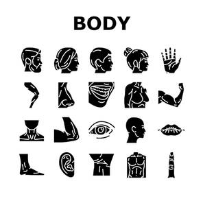 Body And Facial People Parts Icons Set Vector. Female And Male, Kid And Adult Face, Wrist And Arm Muscle, Breast And Leg Human Body. Lip And Nose, Eyebrow And Eye Glyph Pictograms Black Illustrations