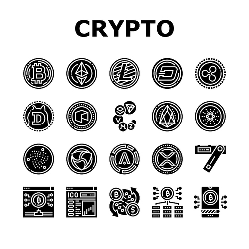 Cryptocurrency Digital Money Icons Set Vector. Bitcoin And Litecoin, Dogecoin And Xrp, Aion And Iota Cryptocurrency Line. Mining Eos Ethereum Electronic Devices Glyph Pictograms Black Illustrations