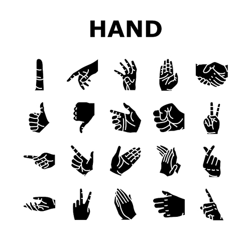 Hand Gesture And Gesticulate Icons Set Vector. Attention And Pointer Hand Gesture, Thumb Up And Down, Touch With Finger And Handshake, Gesturing Love And Peace Glyph Pictograms Black Illustrations