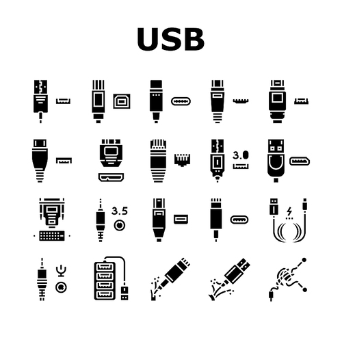 Usb Cable And Port Purchases Icons Set Vector. 3.0 Usb Cable And Dp Displayport, Tangle Earphone And Hub, Thunderbolt And Charger, Mini Jack And Microphone Glyph Pictograms Black Illustrations