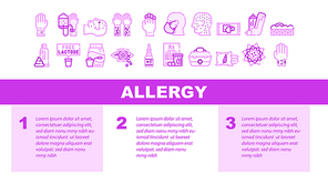 Allergy Health Problem Landing Web Page Header Banner Template Vector. Allergic Reaction Test And Silicone Bracelet Allergy, Napkins, Washing Powder And Leather Allergen Illustration