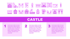 Castle Construction Landing Web Page Header Banner Template Vector. Medieval Castle Goal And Bridge, Tower And Wall, Aqueduct And Window, Destroyed Wall And Arch Illustration