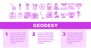 Geodesy Equipment Landing Web Page Header Banner Template Vector. Odometer And Marking Peg, Picket And Compass, Roulette And Georadar, Geodesy Locator And Laser Illustration