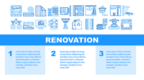 Home Renovation Repair Landing Web Page Header Banner Template Vector. Wallpaper And Garbage Bags, Heat Gun And Fan Heater, Noise Isolation And Renovation Equipment Illustration