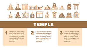 Temple Construction Landing Web Page Header Banner Template Vector. Religion Cathedral And Synagogue, Catholic Chapel And Church, Kaaba And Mayan Temple Religion Building Illustration