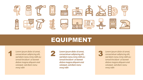 Shop Equipment Device Landing Web Page Header Banner Template Vector. Shop Portable Cash Register And Libra, Seller Badge And Numerator, Barcode Scanner And Price Checker Illustration