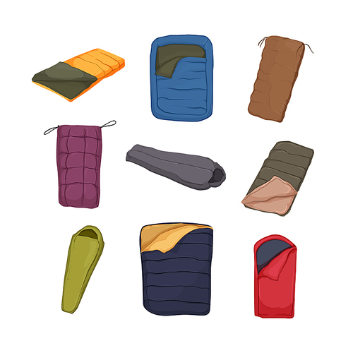 bag sleeping, outdoor equipment, camp sleep, camping adventure, travel tent, summer mat cartoon icons set vector illustrations