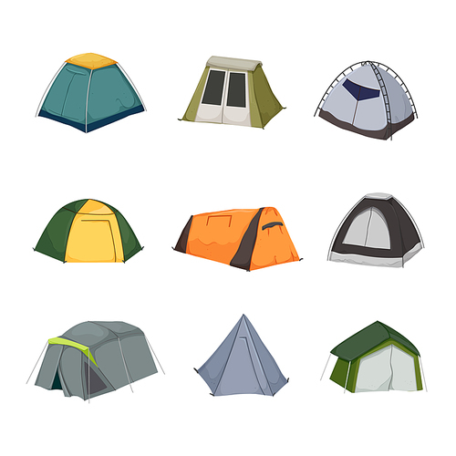 tent camp, tourist campsite, summer dome, forest hiking, tourism adventure cartoon icons set vector illustrations