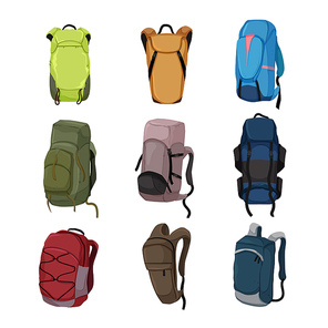 backpack camp set cartoon. travel bag, adventure outdoor, tourist mountain equipment, hiking knamsack backpack camp vector illustration