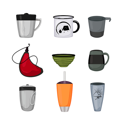 camp cup set cartoon. enamel mug, camp coffee, tin camping drink, outdoor advertising camp cup vector illustration