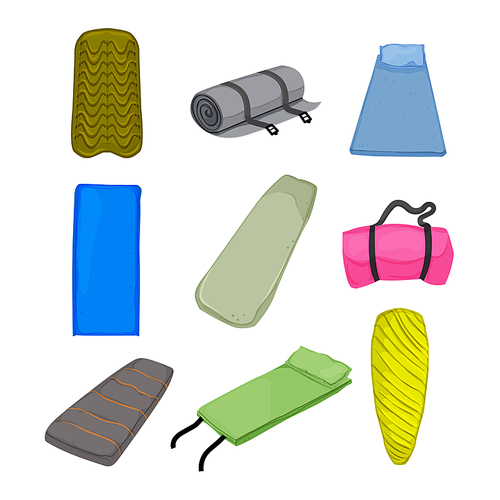 camp mat set cartoon. hiking sleeping pad, camping mattress, rubber carpet camp mat vector illustration