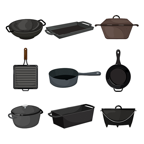 iron skillet set cartoon. cast pan, black cookware, kitchen food, empty top view, meat grill pot iron skillet vector illustration