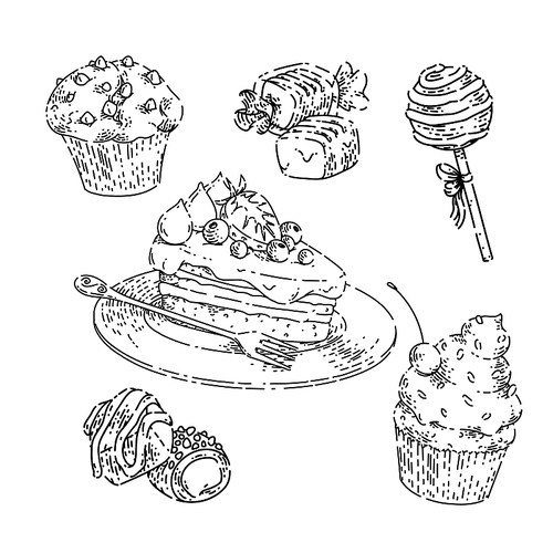 dessert cake bakery set sketch hand drawn vector pastry food, chocolate cream menu, sweet pie, cheescake muffin vintage black line illustration