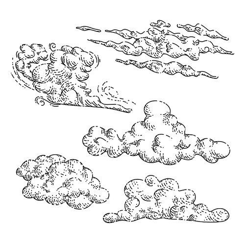 cloud sky set sketch hand drawn vector weather art, heaven storm, nature rain, air dream vintage black line illustration