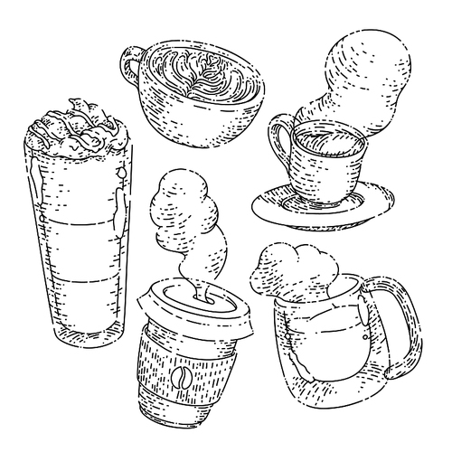 coffee cafe cup set sketch hand drawn vector drink art, hot mug, espresso food vintage black line illustration