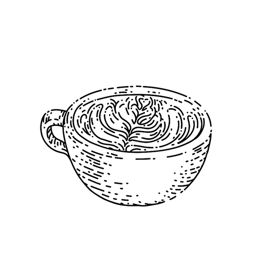 coffee mug with cream pattern sketch hand drawn vector latte cup, cappuccino milk, hot cream foam vintage black line illustration