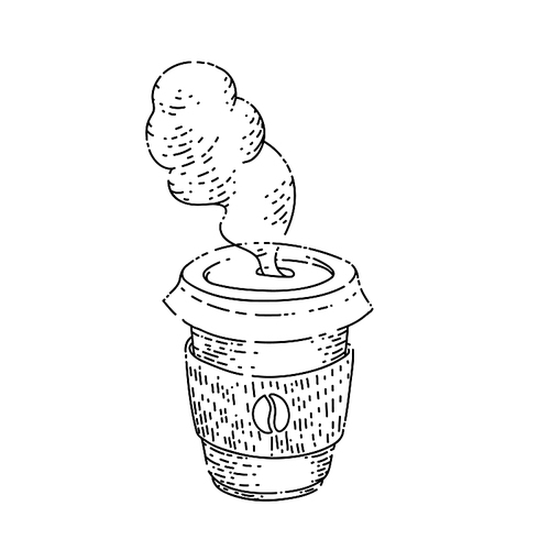 disposable coffee to go sketch hand drawn vector paper drink, takeaway hot latte, cfe mug vintage black line illustration
