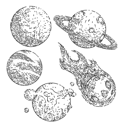 planet space set hand drawn vector. moon star, comet universe, solar galaxy, cosmos astronomy, sky system planet space sketch. isolated black illustration
