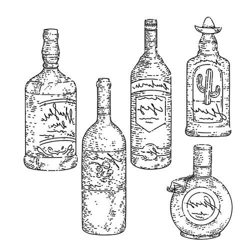 bottle glass set hand drawn vector. drink, doodle beverage, retro menu, alcohol engraved art, brandy bar, restaurant pub bottle glass sketch. isolated black illustration